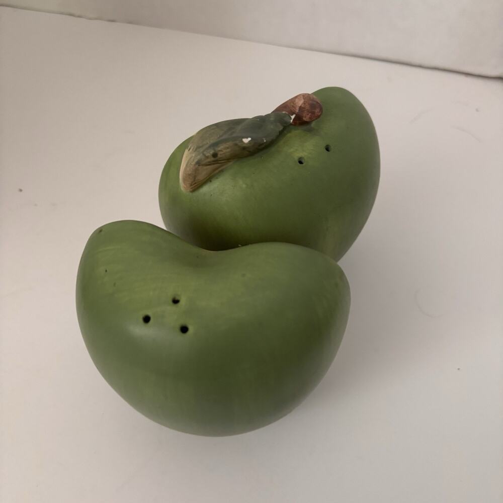 Ceramic Green Apple Salt & Pepper 4” Goes Together As 1 Apple - Picture 3 of 7